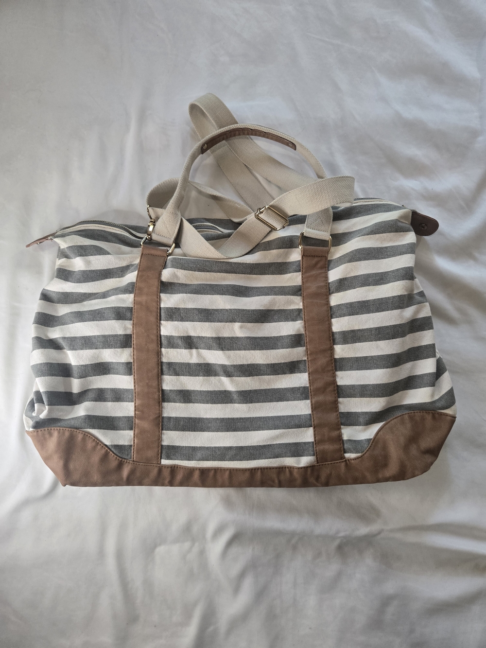 💚Merona Gray & Cream Striped Duffel with Tan Accents